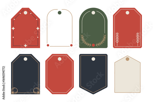 Blank holiday tag icons, red navy cream labels, simple shapes with hole, christmas gift wrapping, printable vector set