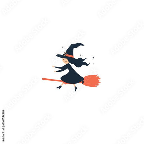 Cartoon Witch with Pointed Hat Flying on a Broomstick with Stars