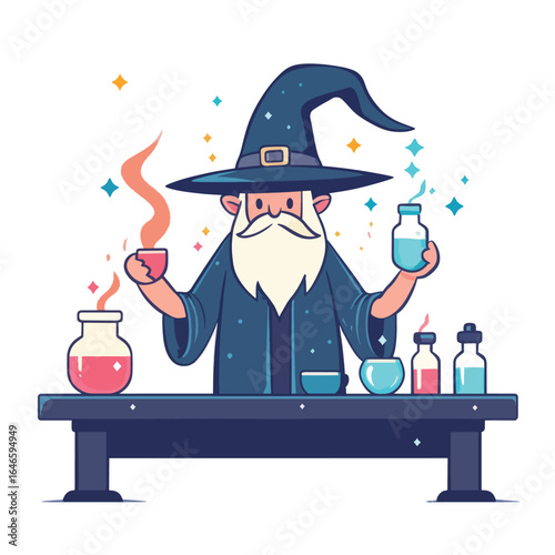 Cartoon wizard mixing potions with a tall hat and a long white beard