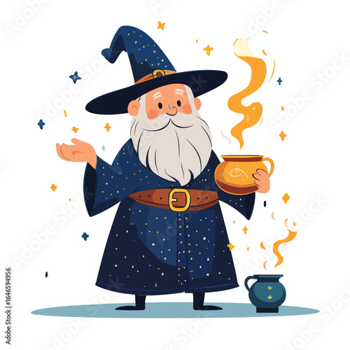 Cartoon Wizard with Starry Robe Holding a Steaming Cauldron