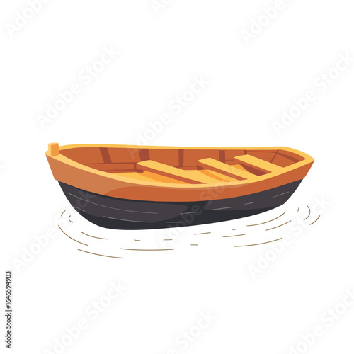 Cartoon wooden rowboat with orange interior and dark hull on water