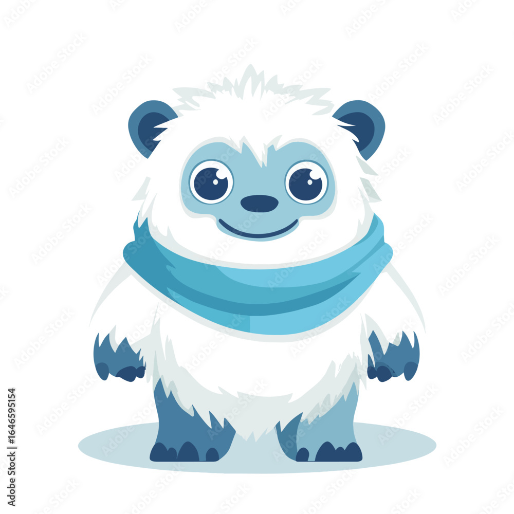 Fototapeta premium Cartoon Yeti Character with Blue Scarf and Large Eyes Standing Frontal
