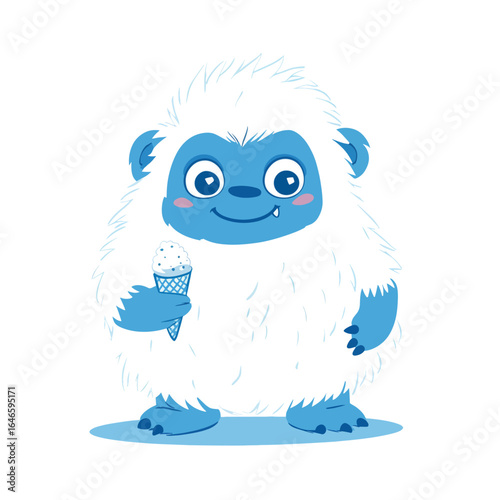 Cartoon Yeti with Ice Cream Cone Smiling with Rosy Cheeks