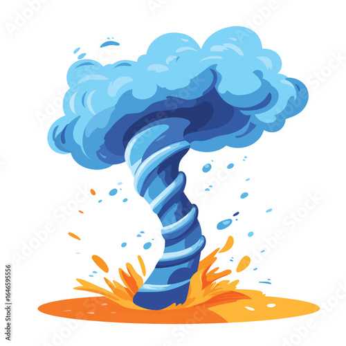 Cartoonish blue tornado with swirling winds and orange ground splash
