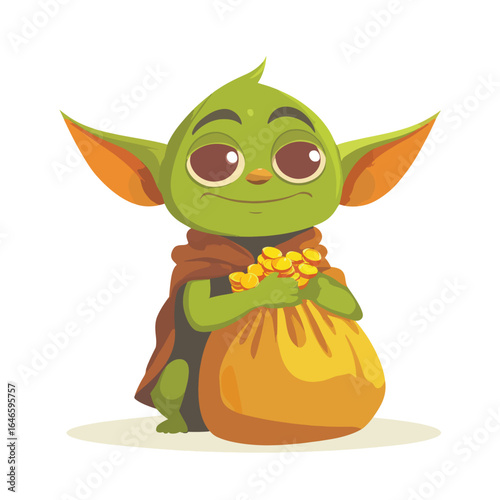 Cartoonish green goblin with large ears clutching a bulging sack of gold coins
