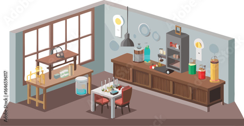 A kitchen featuring a table with chairs and a refrigerator, showcasing a cozy dining area and essential appliances.