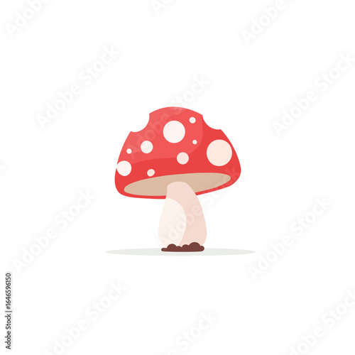 Cartoonish red mushroom with white spots and a bite taken out of the cap