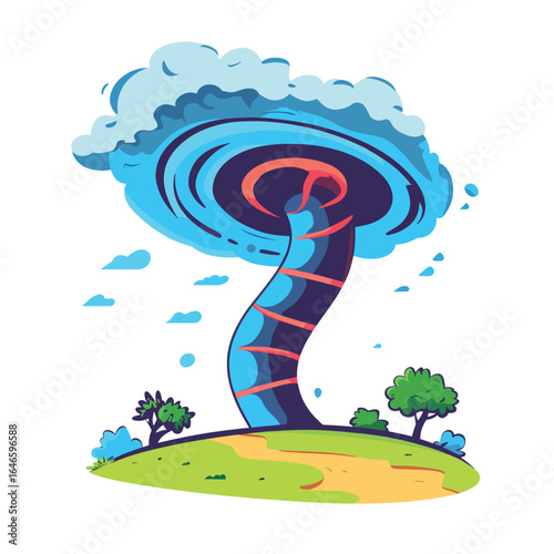 Cartoonish tornado with red accents touching down on a grassy knoll