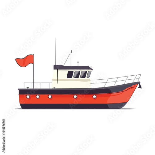 Cartoonstyle red and black boat with a cabin and a red flag