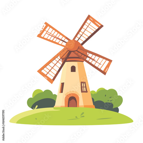 Charming Cartoon Windmill on Verdant Hilltop