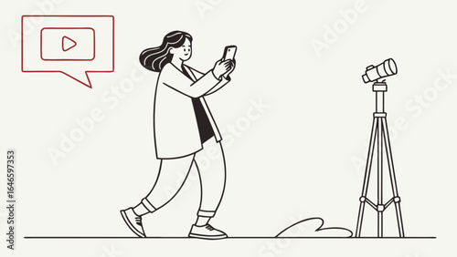 Woman filming video content for social media with smartphone and telescope for online video channel