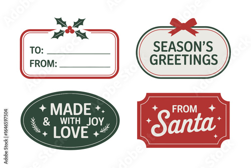 Minimal christmas label pack, to from tags with holly corners, seasons greetings badge, made with joy round label, clean festive design, vector illustration