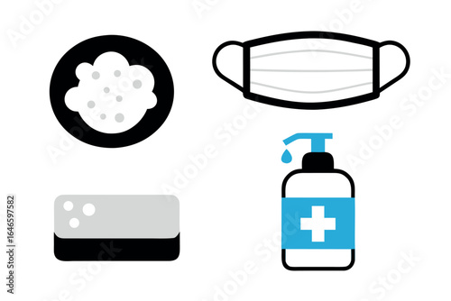 Medical hygiene items mask hand sanitizer sponge and bowl of bubbles on white background