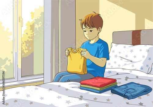 A young boy is tidying up his room and folding clean clothes on his bed.