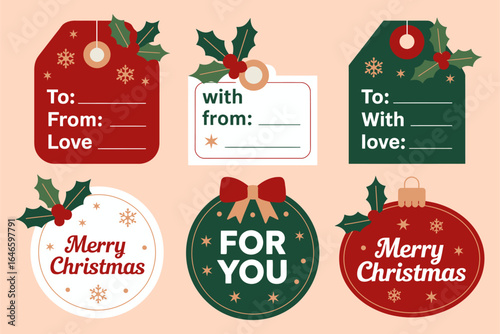 Holiday tag bundle with florals, to from and for you labels, merry christmas sticker, ribbon accents, seasonal printable set, vector collection