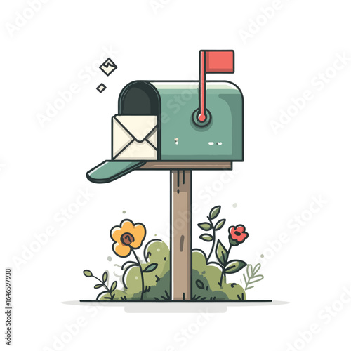 Charming Illustrated Mailbox with Letter Flag and Garden Flowers