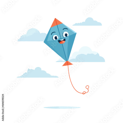 Cheerful Blue Kite with Smiling Face Soaring Among Fluffy Clouds