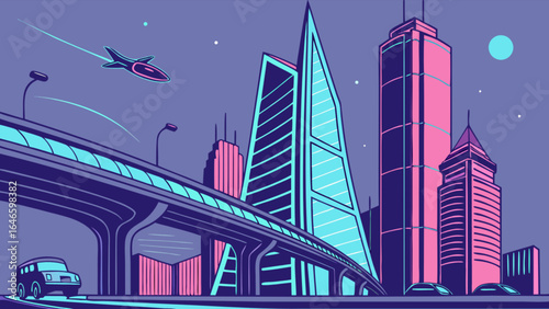 Futuristic city skyline illustration with skyscrapers and flying car vector design art graphic concept