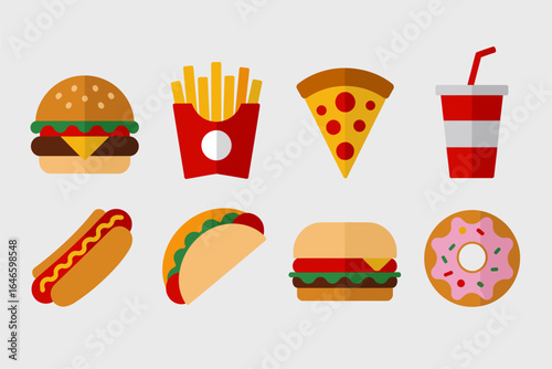 Fast food icons on light background, burger fries pizza drink hot dog sandwich donut taco, modern flat illustration, restaurant vector pack