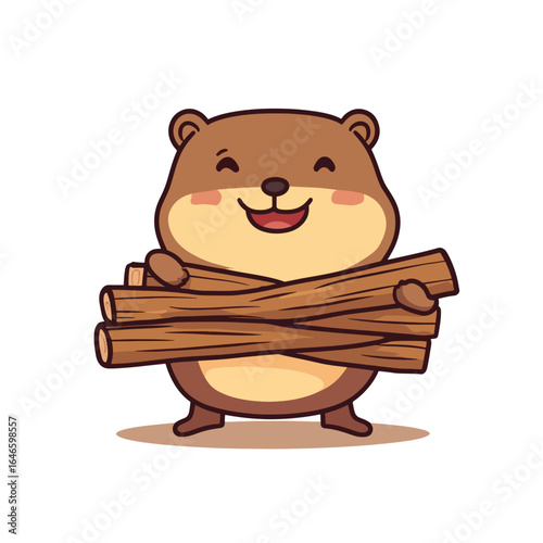 Cheerful Cartoon Beaver Holding Firewood with a Happy Smiling Expression