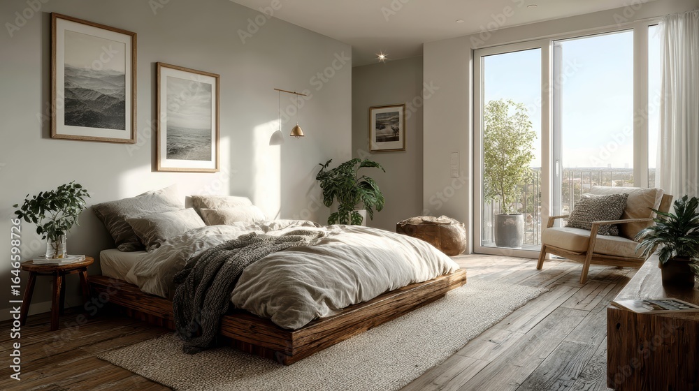 Fototapeta premium Minimalist bedroom with neutral tones, clean lines and Scandinavian-inspired decor.
