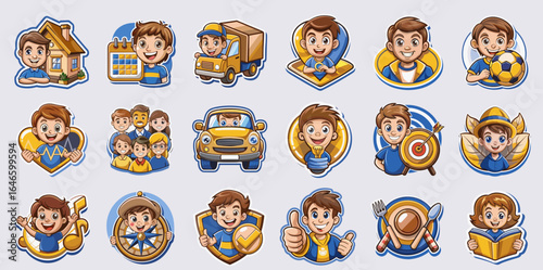 Colorful icons set of young people engaged in various activities 