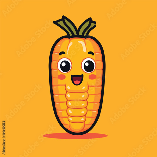 Cheerful Cartoon Corn with Smiling Face and Green Leaves on Top