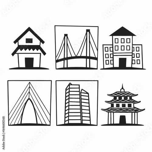 Architectural icons showcasing diverse buildings, houses, bridges, and pagodas isolated on white background