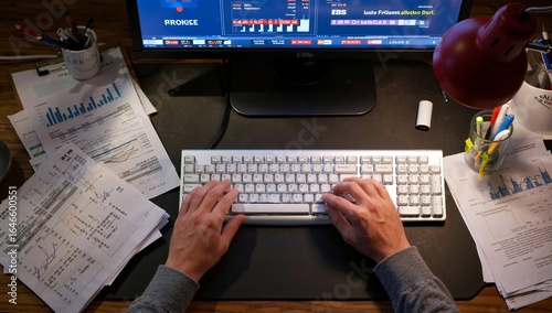 Analyzing Market Data: A focused workspace with hands typing, a monitor displaying financial graphs, and scattered charts depicting key performance indicators.