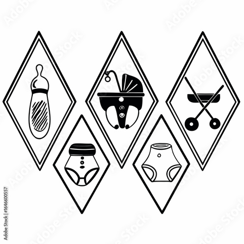 Baby items in diamond shapes isolated on white background in a vector illustration for baby products
