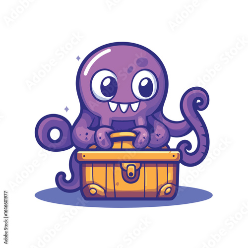 Cheerful Cartoon Octopus Guarding a Golden Treasure Chest with Joyful Expression