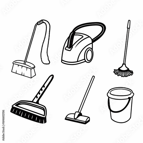 Illustration of cleaning tools isolated on white background, including broom and vacuum cleaner