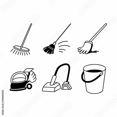 Illustration of cleaning tools, including broom, mop, vacuum cleaner, and bucket isolated on white background