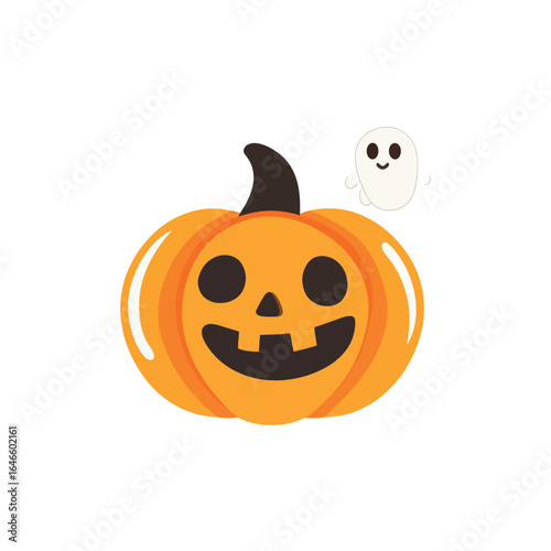 Cheerful Cartoon Pumpkin with a Friendly Ghost Companion for Halloween Fun