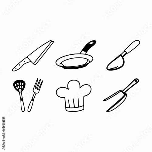 Set of kitchen utensils isolated on white background for cooking and food preparation