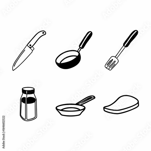 Set of kitchen utensils isolated on white background for cooking and food preparation