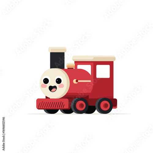 Cheerful Cartoon Red Train Engine with Smiling Face and Black Wheels