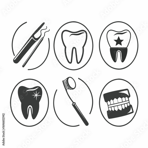Dental care icons set with tooth, mirror, probe, and denture isolated on white background