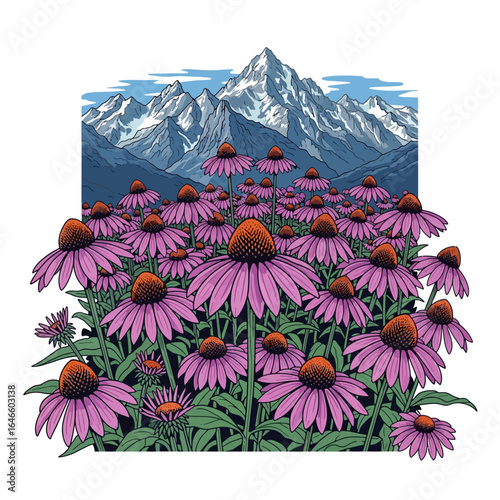 Aesthetic Fields of Beautiful Flowers with Alpen Mountain scenery