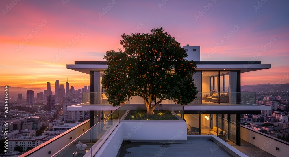 Fototapeta premium Modern Rooftop House with Orange Tree at pink Sunset City View