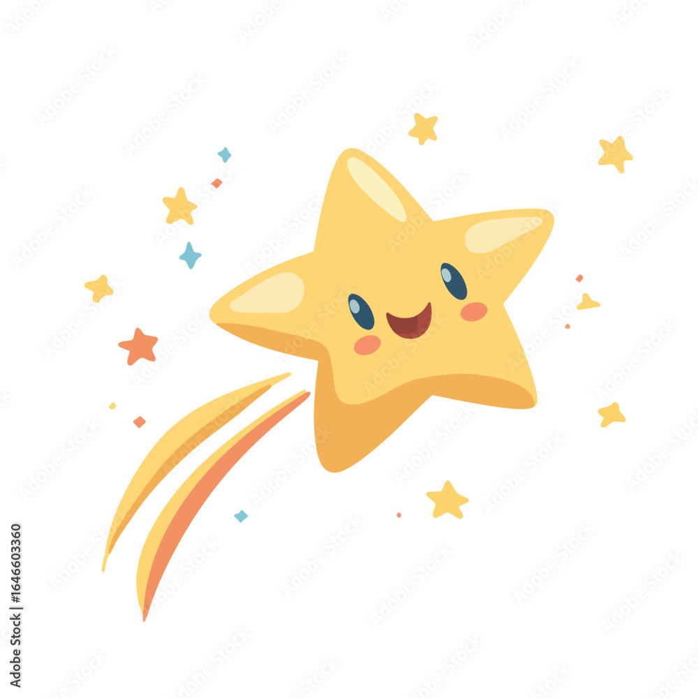 Obraz premium Cheerful Cartoon Star with Smiling Face and Colorful Shooting Trails