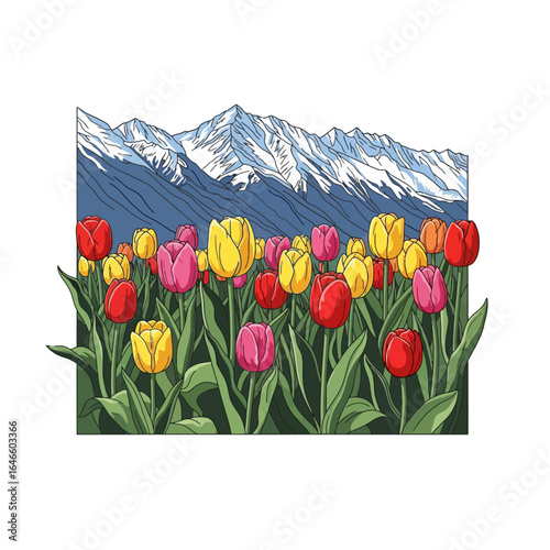 Aesthetic Fields of Beautiful Flowers with Alpen Mountain scenery