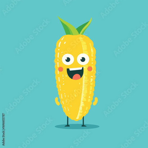 Cheerful Corn Character with Green Leaves and Rosy Cheeks Standing Tall