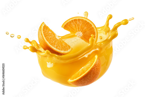 Fresh orange slices splashing in a dynamic wave of orange juice isolated on transparent background