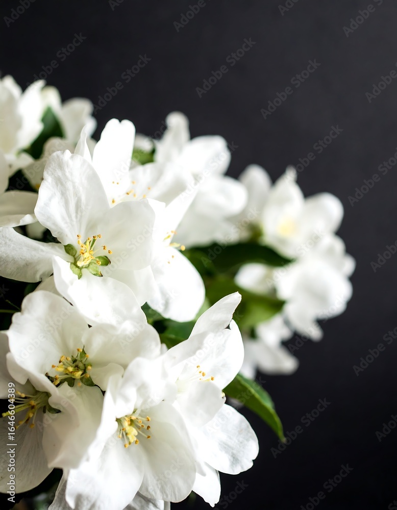 Fototapeta premium Close-up of a bouquet of delicate white blossoms against a dark background