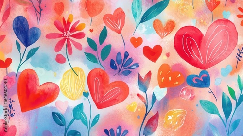 Colorful hearts and flowers in abstract garden artwork