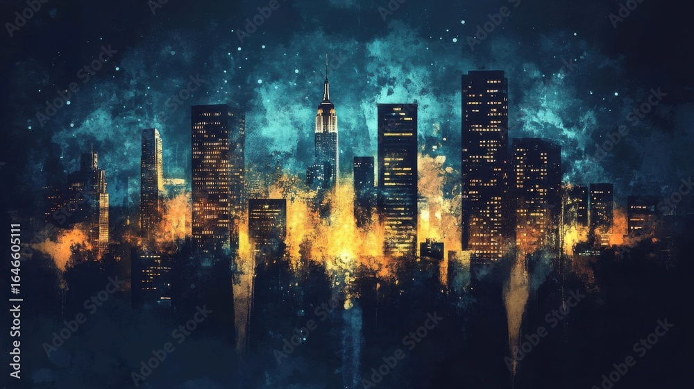 Obraz premium Dramatic cityscape with illuminated buildings at night