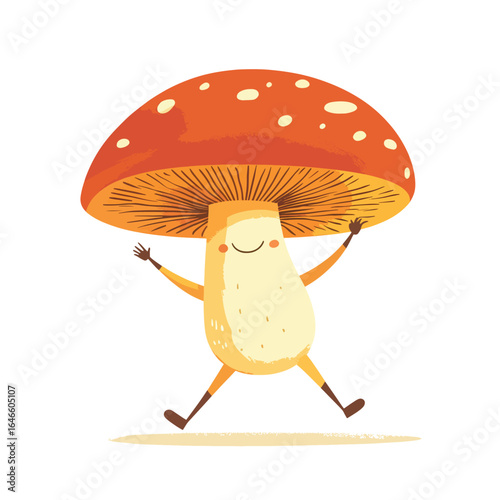 Cheerful Mushroom Character with Orange Cap and Upraised Arms