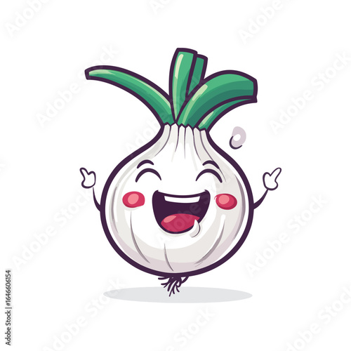Cheerful scallion cartoon character with rosy cheeks and a wide smile
