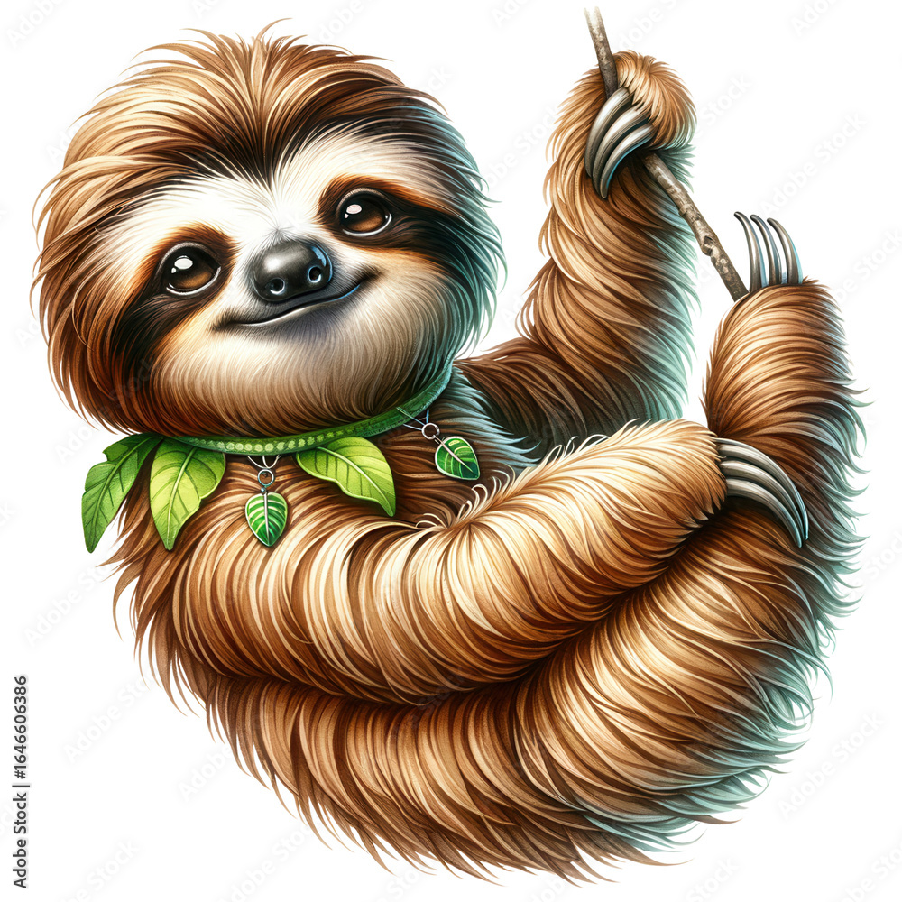 Naklejka premium Cute sloth hanging on branch, jungle animal, furry tropical creature, adorable sloth clipart.